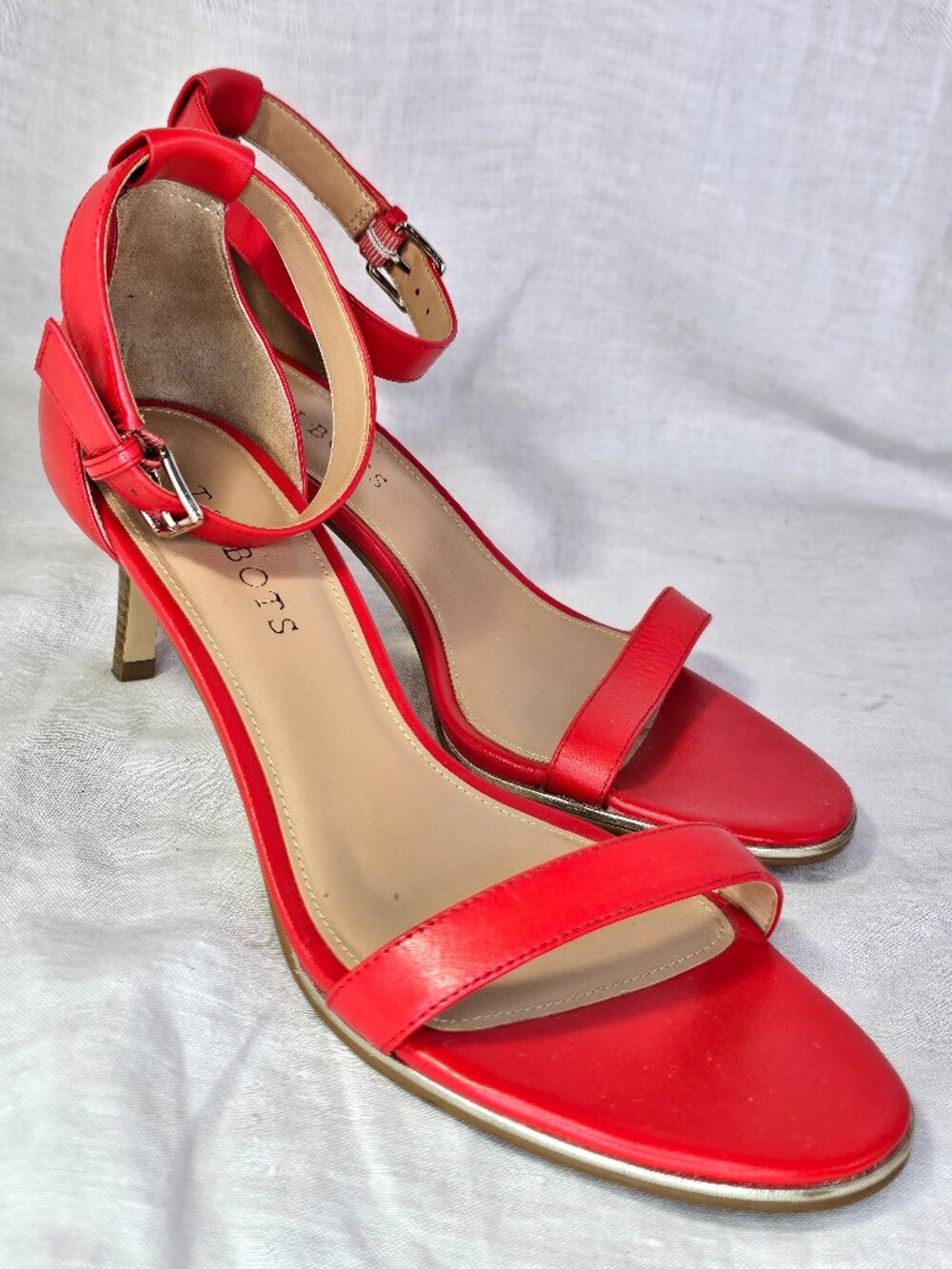 Talbots Red Leather Ankle Strap Open Toe Kitten Heels Sandals 8M Red w Gold Trim